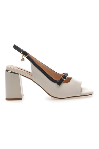 Sandali Bicolor Beige e Neri Eleganti con Tacco Largo e Dettaglio Gioiello Marcella Burani 51161