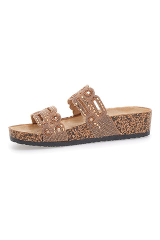 Kamelfarbene Hausschuhe mit Doppelband und Strasssteinen verziert Prima Riga 14226