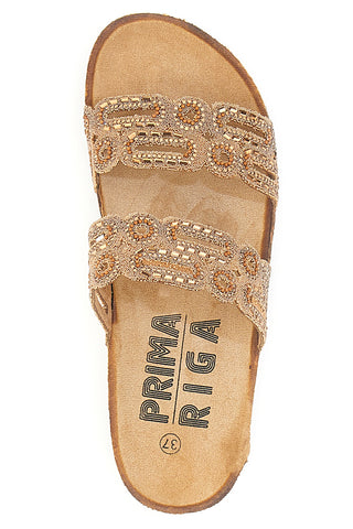 Kamelfarbene Hausschuhe mit Doppelband und Strasssteinen verziert Prima Riga 14226