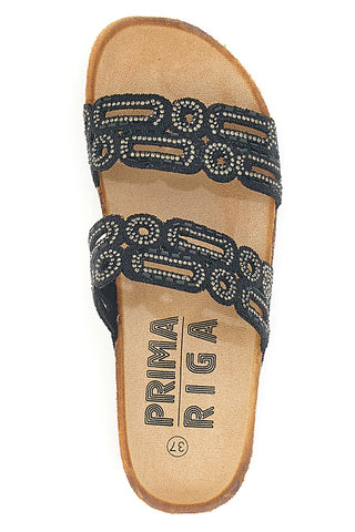 Ciabatte nere con doppia fascia decorata e zeppa effetto sughero PRIMA RIGA 14226