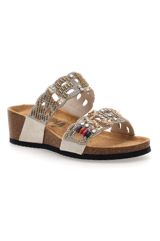 Ciabatte beige con doppia fascia decorata con strass e perline Prima Riga 14607