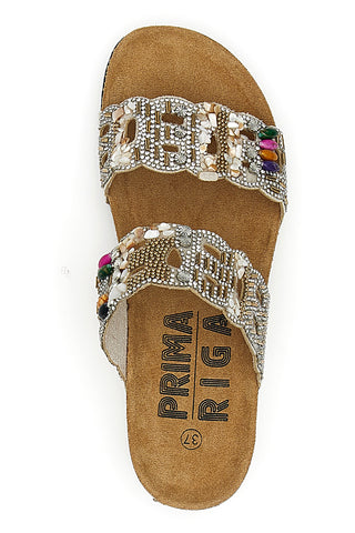 Ciabatte beige con doppia fascia decorata con strass e perline Prima Riga 14607