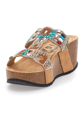 Ciabatte marroni con zeppa e perline PRIMA RIGA 14606