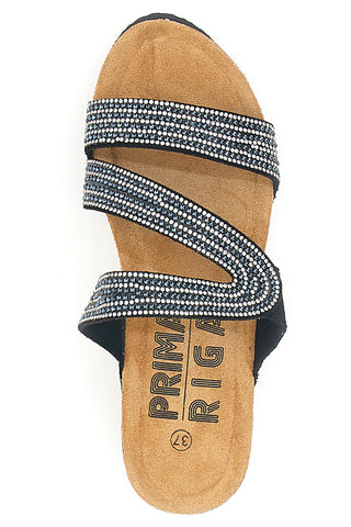 Schwarze Keilpantoffeln mit Strass FIRST ROW 12503