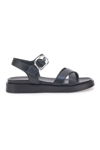 Schwarze Ledersandalen mit gekreuzten Riemen und Schnalle Pittarello Focus 28065PE