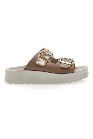 Ciabatte Marroni e Bianche con doppia fibbia e suola alta ondulata PITTARELLO BIO 392A206S