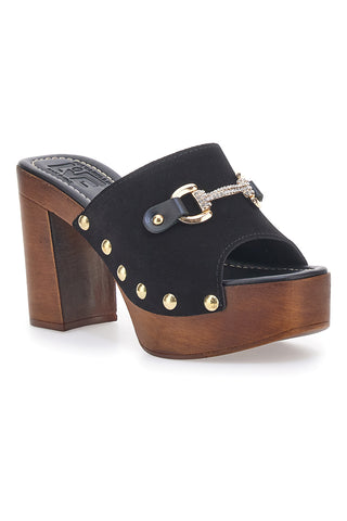 Schwarze Clogs mit Nieten und Blockabsatz in Holzoptik Pittarello Love 405011/P