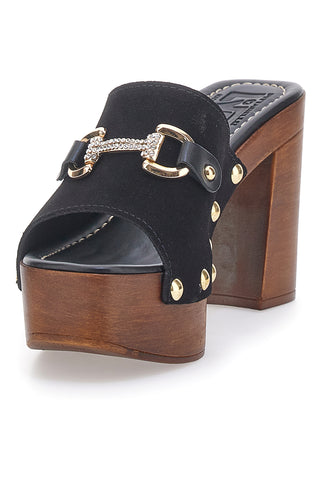 Schwarze Clogs mit Nieten und Blockabsatz in Holzoptik Pittarello Love 405011/P