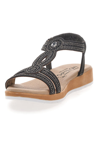 Niedrige schwarze Sandalen mit Strasssteinen MIO TEMPO LR253420
