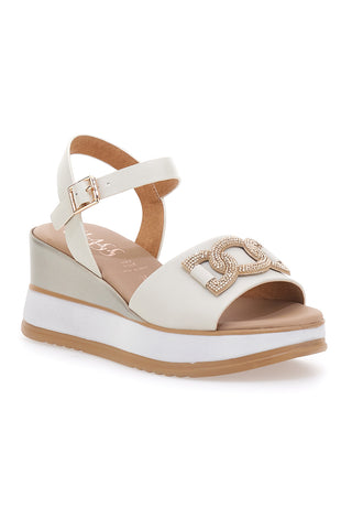 Sandali bianchi in pelle con catena e zeppa Made in Italy Pittarello Class 21249