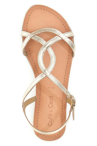 Goldene niedrige Sandalen mit gekreuzten Riemen Cafè Cost 95101