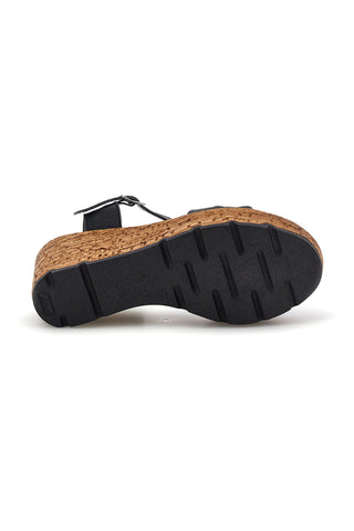 Sandali neri in pelle con zeppa effetto sughero e cinturino Pittarello 29733002