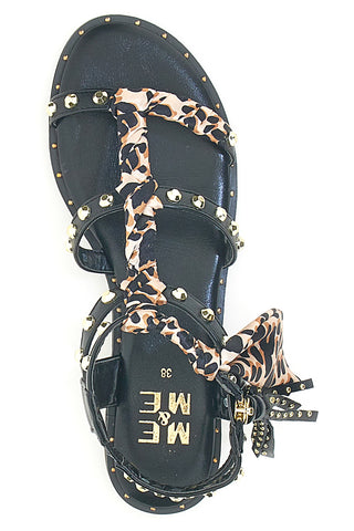 Schwarze Sandalen mit Nieten und Schnürsenkeln im Animal-Look Me & Me 1660
