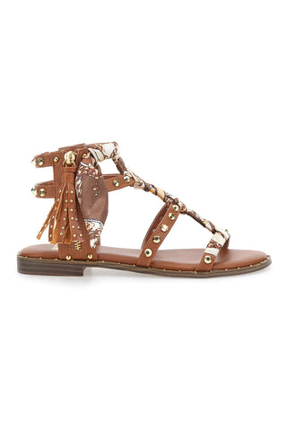 Sandali cuoio con borchie e lacci animalier Me & Me 1660