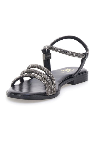 Schwarze Sandalen mit schmalen Riemchen und Strasssteinen Me & Me 1703