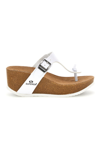 Weißer Flip-Flop mit silberner Schnalle hoher Keil Superga S11O923