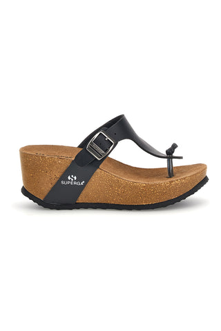 Schwarzer Flip-Flop mit silberner Schnalle hoher Keil Superga S11O923