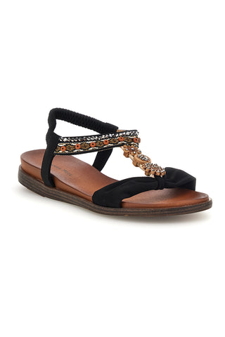 Schwarze Sandalen mit Schmucksteinverzierung und elastischem Riemen Quanna mel 560319