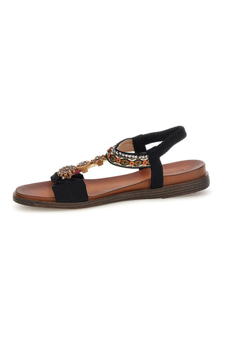 Schwarze Sandalen mit Schmucksteinverzierung und elastischem Riemen Quanna mel 560319