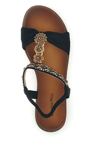 Schwarze Sandalen mit Schmucksteinverzierung und elastischem Riemen Quanna mel 560319