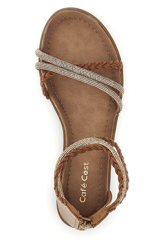Kamelhaarige Sandalen mit hohen Riemen und glänzenden Details Café kosten RH5