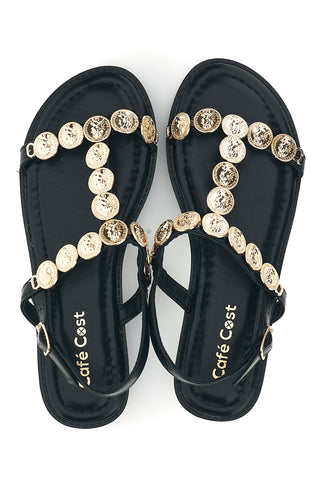 Schwarze Sandalen mit Goldapplikationen Cafè kosten RH22