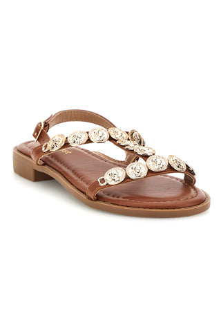 Braune Sandalen mit Goldapplikationen Cafè kosten RH22