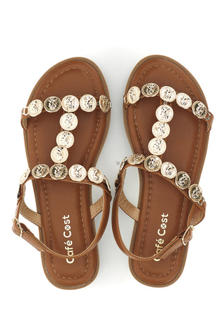 Braune Sandalen mit Goldapplikationen Cafè kosten RH22