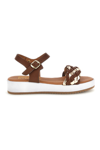 Braune Sandalen mit zweifarbig geflochtenen Riemen und Prima riga P340 Riemen