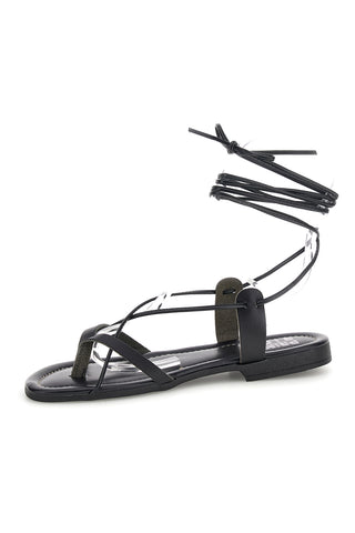 Sandali neri in vera pelle Made in Italy con lacci Prima riga 711