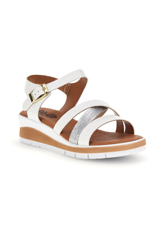 Weiße Sandalen mit gekreuzten Riemen und Bio up 401 Keil