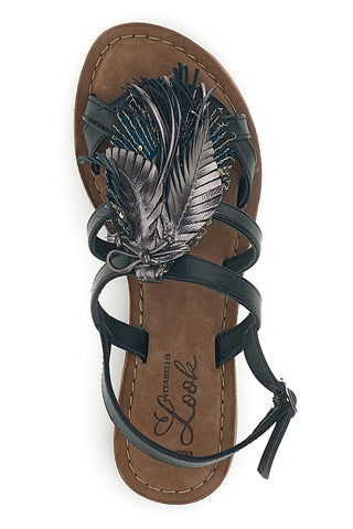 Sandali neri in vera pelle con frange e decoro frontale Pittarello look IF8162