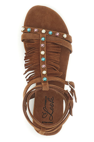 Braune Echtleder-Sandalen mit Nieten und Fransen im Pittarello-Look IF6927