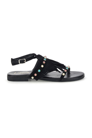 Schwarze Zehenstegsandalen aus echtem Leder mit Fransen und Nieten im Pittarello-Look IF6856