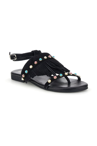 Schwarze Zehenstegsandalen aus echtem Leder mit Fransen und Nieten im Pittarello-Look IF6856