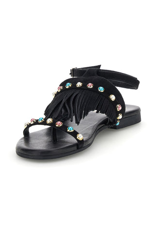 Schwarze Zehenstegsandalen aus echtem Leder mit Fransen und Nieten im Pittarello-Look IF6856