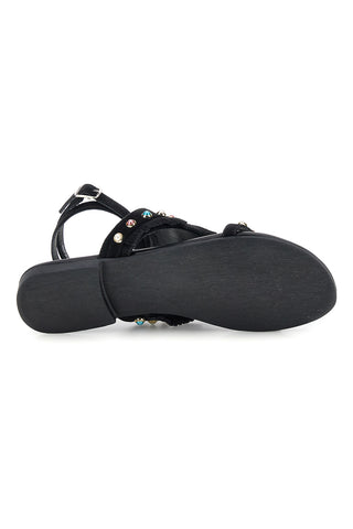Schwarze Zehenstegsandalen aus echtem Leder mit Fransen und Nieten im Pittarello-Look IF6856