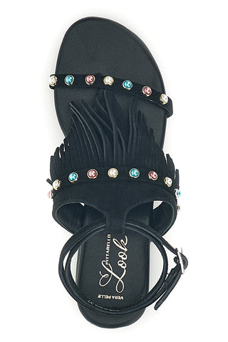 Schwarze Zehenstegsandalen aus echtem Leder mit Fransen und Nieten im Pittarello-Look IF6856
