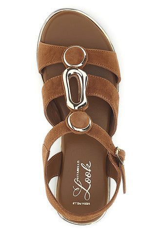 Braune Echtleder-Sandalen mit ovalen Metall-Accessoires im Pittarello-Look IF10328