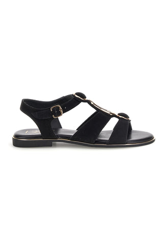 Schwarze Sandalen aus echtem Leder mit ovalen Metall-Accessoires im Pittarello-Look IF10328