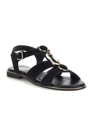 Schwarze Sandalen aus echtem Leder mit ovalen Metall-Accessoires im Pittarello-Look IF10328