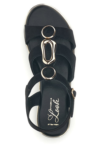 Schwarze Sandalen aus echtem Leder mit ovalen Metall-Accessoires im Pittarello-Look IF10328