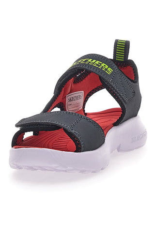Schwarze und rote Skechers Razor Splash Aqua Buddies Stoffsandalen