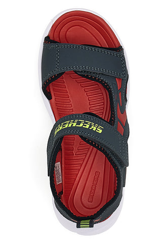 Schwarze und rote Skechers Razor Splash Aqua Buddies Stoffsandalen
