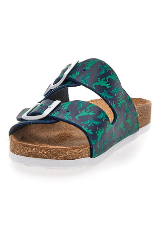 Blaue und grüne Hausschuhe mit Schnalle und Dinosauriern Pittarello Bio 257206