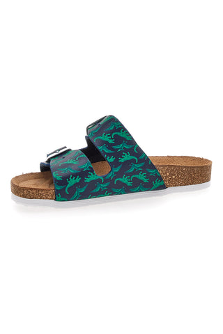 Blaue und grüne Hausschuhe mit Schnalle und Dinosauriern Pittarello Bio 257206