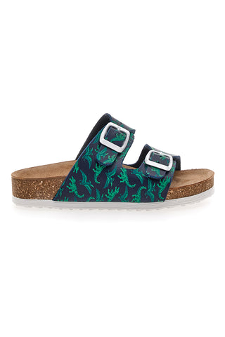 Blaue und grüne Hausschuhe mit Schnalle und Dinosauriern Pittarello Bio 257206