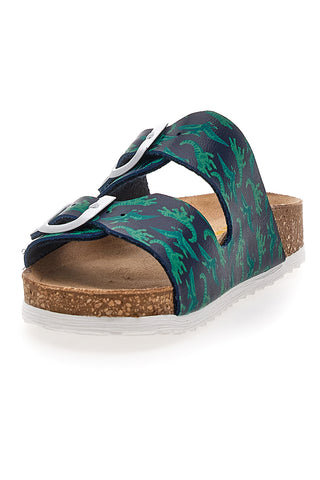 Blaue und grüne Hausschuhe mit Schnalle und Dinosauriern Pittarello Bio 257206