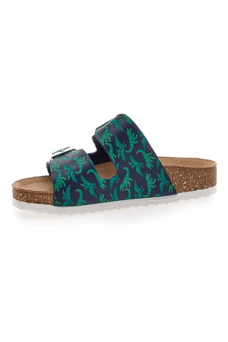 Blaue und grüne Hausschuhe mit Schnalle und Dinosauriern Pittarello Bio 257206