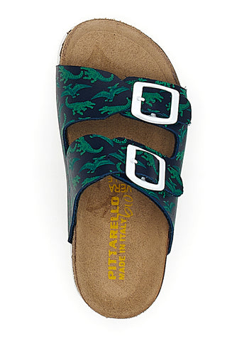 Blaue und grüne Hausschuhe mit Schnalle und Dinosauriern Pittarello Bio 257206